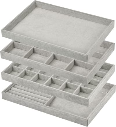 Set van 4 Stapelbare Sieradenopbergdozen met Deksel, Velours Organiser voor Ringen, Oorbellen en Kettingen in Lichtgrijs
