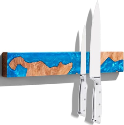 SnelShoppen - Magneetmessenhouder Wand 40 cm - Acaciawortelhout met Blauwe Harscoating - Sterke Magnetische Messenlijst voor de Keuken - Ruimtebespare