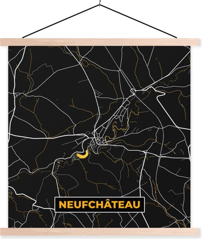 Posterhanger incl. Poster 40x40 cm - Schoolplaat - Neufchâteau - Kaart - Goud - Stadskaart - Plattegrond - Textielposter - Blanke latten - Stadskaart
