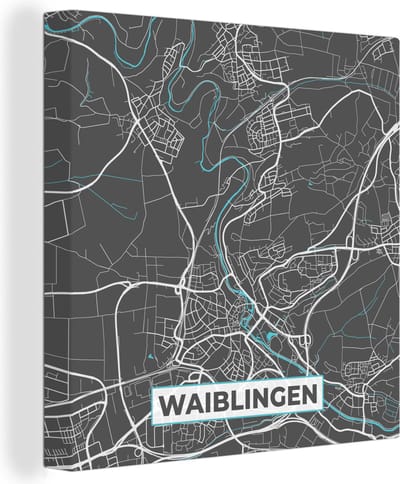 Canvas Schilderij Blauw – Duitsland – Plattegrond – Stadskaart – Kaart – Waiblingen - 20x20 cm - Wanddecoratie