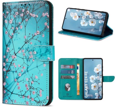 Multimedia & Accessoires Lederen Book Case Hoesje geschikt voor Samsung Galaxy S24 FE – Sierkers - Bloemen – Blauw -Telefoonhoesje – Met Stand – Kaarthouder – Pasjes Houder – Magneet Sluiting – Bookcase
