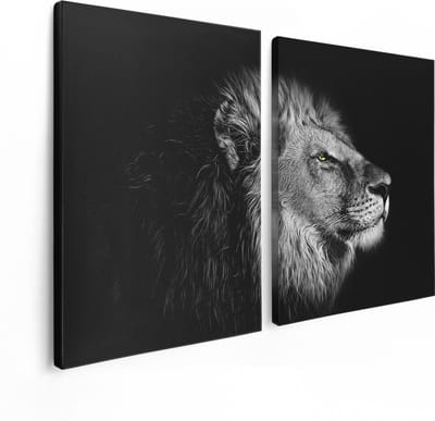 Artaza Canvas Schilderij Tweeluik Leeuw - Leeuwenkop - Zwart Wit - 120x80 - Foto Op Canvas - Canvas Print