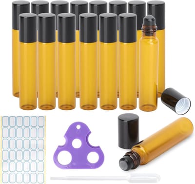 Set van 16 Lege Bruine Glazen Roll-on Flesjes van 10 ml met Opener en Stickers voor Essentiële Olie, Parfum en Lipgloss, Herbruikbaar en Lekvrij