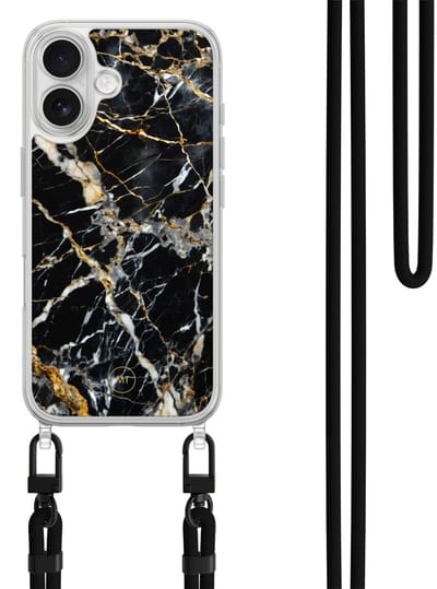 Hoesje met koord geschikt voor iPhone 16 - Black marble elegance - Inclusief zwart koord - Crossbody beschermhoes - Transparant, Zwart, Goud - Mooie Telefoonhoesjes