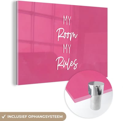 MuchoWow® Glasschilderij 120x80 cm - Schilderij acrylglas - Kinderen - Quotes - Tiener - My room my rules - Foto op glas - Schilderijen
