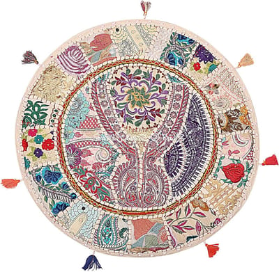 Vloerkussenhoes Rond - Meditatiekussen Sierkussen - Bohemian Lounge Zitten - Vintage Patchwork Uniek - 70x70 cm - Wit