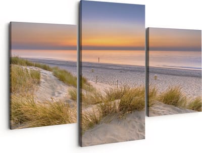 Artaza Canvas Schilderij Drieluik Strand en Zee vanuit de Duinen - 150x120 - Groot - Foto Op Canvas - Canvas Print