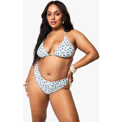 boohoo Dames Plus Ditsy Floral met kralen asymmetrische bikini slip met zij-tie | Violet | Maat: 48