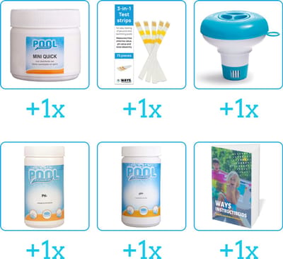 Zwembad Onderhoudspakket - Onderhoud Zwembad - bevat Chloor - Testrips - Chloordrijver - PH-min - PH-plus en Zwembadgids (6-delig)