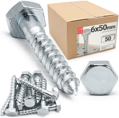 LUN FIX - Houtschroeven 6 X 50 mm - 50 stuks - DIN571 - Zeskantkop - Verzinkt staal - Houtbouwschroeven