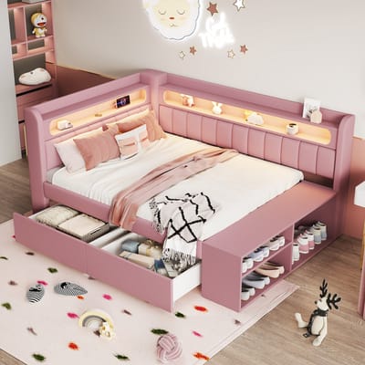 MODENUIT Gestoffeerd Slaapbankbed 90x200 cm – USB-Aansluiting en Ledverlichting – 2 Lades en Schoenenkast – Zonder Matras – Roze