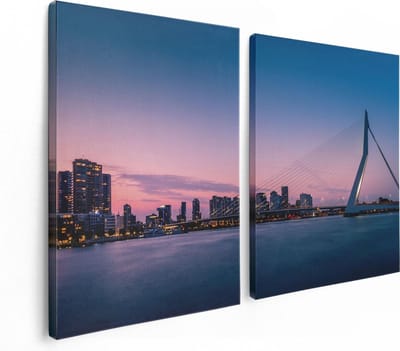 Artaza Canvas Schilderij Tweeluik Erasmusbrug In Rotterdam Met Zonsondergang - 120x80 - Foto Op Canvas - Canvas Print