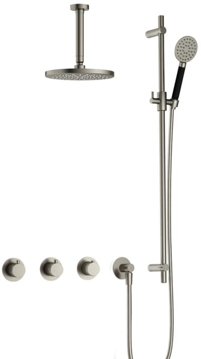 Hotbath Cobber IBS70 inbouw regendoucheset met ronde handdouche aan glijstang en 20cm ronde hoofddouche aan 15cm plafondarm geborsteld nikkel