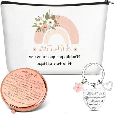 3 Geschenken voor Mijn Dochter: Cosmetica Tassen, Sleutelhanger met Hart, Spiegel voor 18e Verjaardag, Bruiloft en Kerst