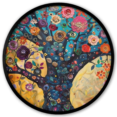 Poster in lijst Rond - Fotolijst 40x40 cm - Posters - Boom - Levensboom - Kleurrijk - Bloemen - Modern - Ronde posterlijst zwart - Decoratie - Wanddecoratie woonkamer - Muurdecoratie slaapkamer