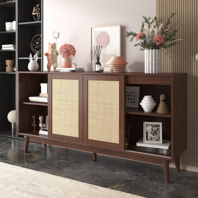 Wishdor Dressoir Met 3 Schuifdeuren En 2 Lades - Echt Rotan - MDF En Spaanplaat - Donker Hout - 155 X 38 X 80 Cm