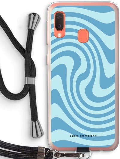Case Company® - Hoesje met koord geschikt voor Samsung Galaxy A20e hoesje met Koord - Swirl Blauw - Telefoonhoesje met Zwart Koord - Bescherming aan alle Kanten en Over de Schermrand
