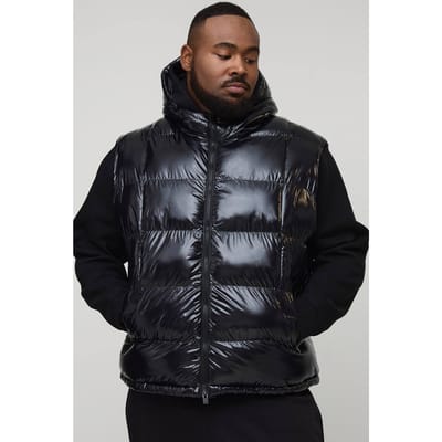 Plus Regular Fit High Shine Geplocht Met Capuchon Puffer Gilet | Black | Size 2XL