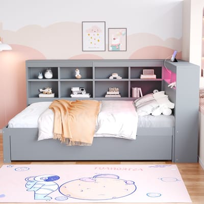 MEUNIQ slaapbank 140x200 cm met opberglades, open vakken, USB en LED-verlichting, houten tweepersoonsbed met lattenbodem voor slaapkamer, grijs