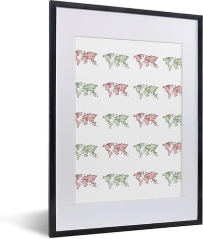 Poster in lijst - Fotolijst 30x40 cm - Posters - Wereldkaarten - Sjabloon - Roze - Groen - Posterlijst zwart - Decoratie - Wanddecoratie woonkamer - Muurdecoratie slaapkamer