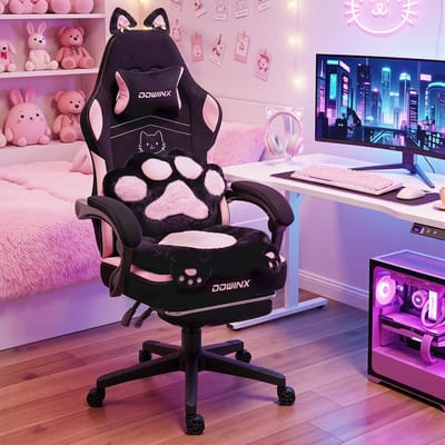 Dowinx Gaming Stoel – Ergonomisch met VoetsteunKattenontwerp – Vleugelloze Zit – Uittrekbare Voetsteun – Verstelbare Rugleuning – Zachte Stoffen Bekleding – Voor Gaming Werk en Studie – Max 140 kg – Zwart‑roze – 1 Stuk