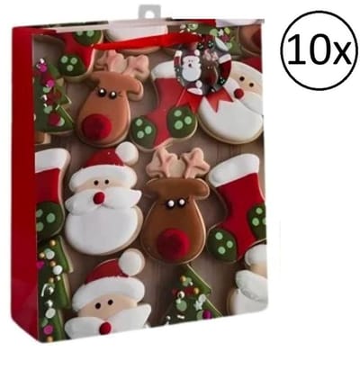 Gerimport Kerst cadeau tasje - 10x - 42 cm - kerstman en rendier - inpakken - kerstcadeaus