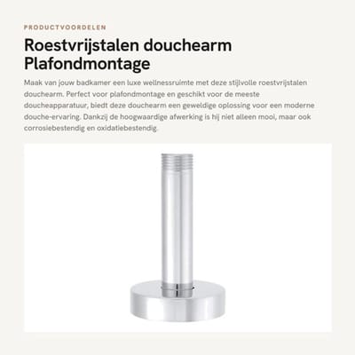 Douchearm Roestvrij Staal - Douchehouder - Corrosiebestendig - Oxidatiebestendig - G1/2" Schroefdraadaansluiting - Eenvoudige Installatie