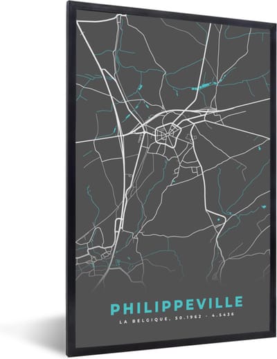 Fotolijst incl. Poster - België – Philippeville – Stadskaart – Kaart – Blauw – Plattegrond - 40x60 cm - Posterlijst