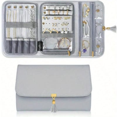Organisateur de Voyage pour Bijoux pour Femmes, Sac Roulé Enveloppe en Cuir Portable Anti-Nœuds pour Rangement de Bijoux, Étui Porte-Bijoux Imperméable et Léger gris