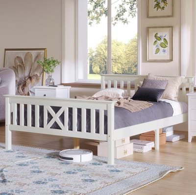 MEUNIQ Bedframe 140 x 200 cm met X-vormig hoofdeinde, lattenbodem en optionele lades voor slaapkamer, wit