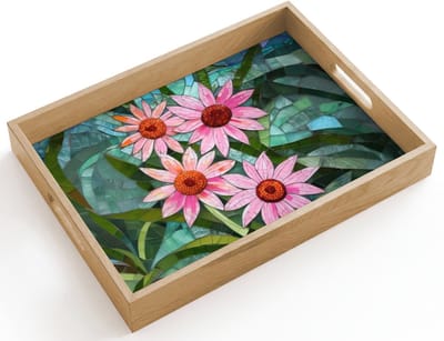 Dienblad hout 40x30 cm - Schootdienblad - Bloemen - Roze - Glasmozaïek - Borrelplank rechthoek - Plateau dienbladen