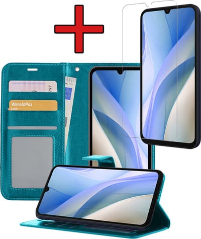 Hoesje - Met Screenprotector - Geschikt voor Samsung Galaxy A15 - Luxe Pasjeshouder - Flipcase - Bookcase Portemonee - Flip Case - Kunstleer Book Case - Book Cover - Walletcase - Portemonneehoes - Telefoonhoes - Turquoise