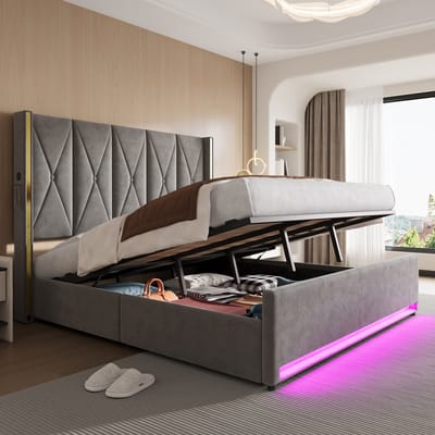 OKWISH Gestoffeerd Bed 180x200 cm - Met USB En Ledverlichting - Hydraulische Opbergruimte - Hoge Hoofdbord - Fluweel - Donkergrijs - Zonder Matras