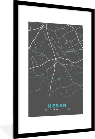 Fotolijst incl. Poster - België – Mesen – Stadskaart – Kaart – Blauw – Plattegrond - 80x120 cm - Posterlijst