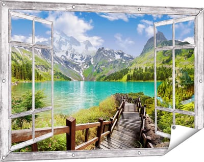Gards Tuinposter Doorkijk Pad naar een Helder Blauw Meer in de Bergen - 120x80 cm - Tuindoek - Tuindecoratie - Wanddecoratie buiten - Tuinschilderij