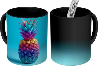 Magische Mok - Foto op Warmte Mokken - Koffiemok - Ananas - Regenboog - Blauw - Popart - Magic Mok - Beker - 350 ML - Theemok