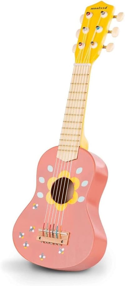 Gitaar van hout, gitaristen, kinderspeelgoed, muziekinstrument, ukelele, fantasievol, symbolisch speelgoed, kleur rood
