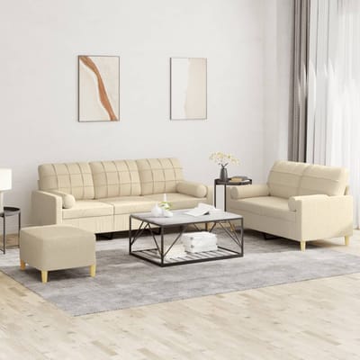 vidaXL - 3-delige - Loungeset - met - kussens - stof - crèmekleurig
