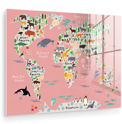 ® Glasschilderij 160x120 cm - Schilderij acrylglas - Wereldkaart - Kinderen - Roze - Dieren - Foto op glas - Muurdecoratie woonkamer - Wanddecoratie slaapkamer - Schilderijen