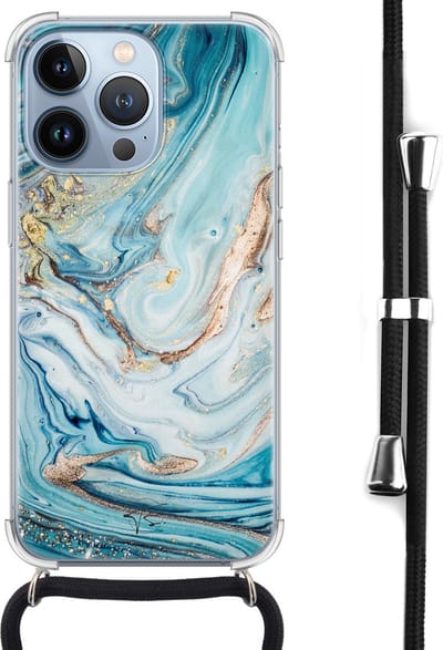 Hoesje met koord geschikt voor iPhone 13 Pro - Marmer blauw goud - Inclusief zwart koord - Crossbody beschermhoes - Transparant, Blauw, Goud - Mooie Telefoonhoesjes