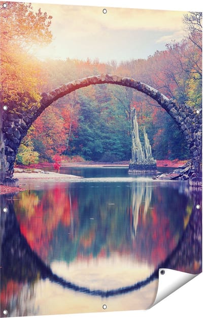 Gards Tuinposter Rakotz Brug in Duitsland in de Herfst - 90x120 cm - Tuindoek - Tuindecoratie - Wanddecoratie buiten - Tuinschilderij