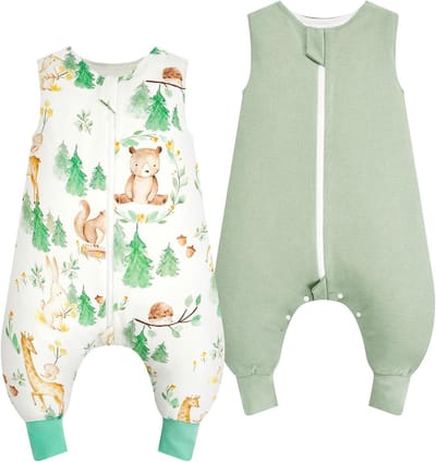 Slaapzak met Voetjes, 1.0 Tog, Set van 2, 100% Katoen, Mouwloos, Geschikt voor Jongens en Meisjes, Bosdieren en Lichtgroen, 80 cm