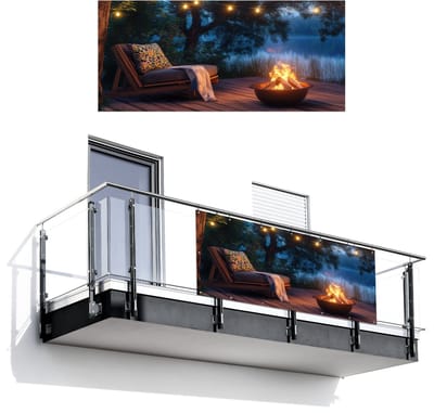 Balkonscherm 200x90 cm - Balkonposter Kampvuur - Meer - Avondlicht - Balkon scherm decoratie - Balkonschermen - Balkondoek zonnescherm