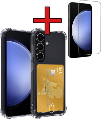 Hoesje - Geschikt voor Samsung Galaxy S23 FE - Met Screenprotector - Pashouder - Kaarthouder - Back Cover - Telefoon Hoes Shockproof - Siliconen Case - Shock Proof - Pasjes Houder - Telefoonhoes - Transparant