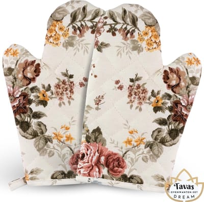 DREAM Ovenwanten 2 Stuks Rozenbloemen Katoen Hittebestendige Ovenhandschoenen tot 250Â°C