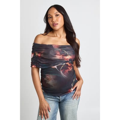 boohoo Dames Zwangerschaps Bedrukte Asymmetrische Geplooide Top | Zwart | Maat: 40