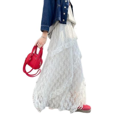 Witte kanten rok voor dames in de zomer Nieuwe hoge taille hangende A-lijn rok Lange rok Irreguliere taartrok XL white