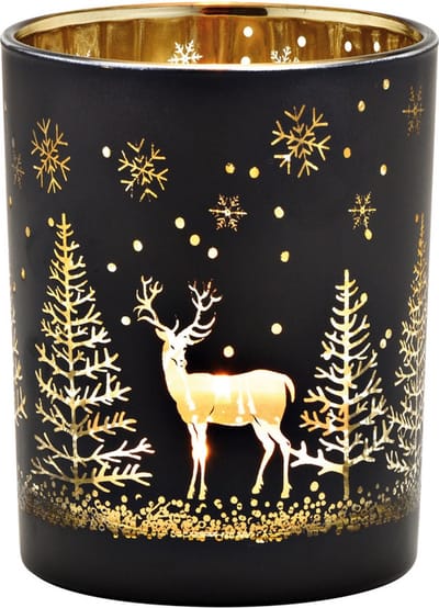 Lantaarn winterbos decor van glas - zwart, goud - Large - (breedte/hoogte/diepte) 10x12x10cm - Large