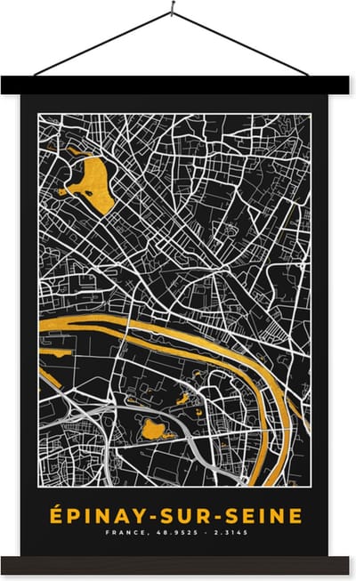 Posterhanger incl. Poster 40x60 cm - Schoolplaat - Plattegrond – Kaart – Stadskaart – Frankrijk – Épinay-sur-Seine - Textielposter - Zwarte latten - Stadskaart