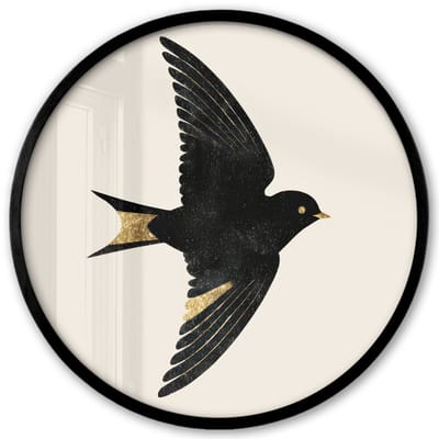 Poster in lijst Rond - Fotolijst 40x40 cm - Posters - Zwarte zwaluw - Gouden accenten - Lichte achtergrond - Ronde posterlijst zwart - Decoratie - Wanddecoratie woonkamer - Muurdecoratie slaapkamer